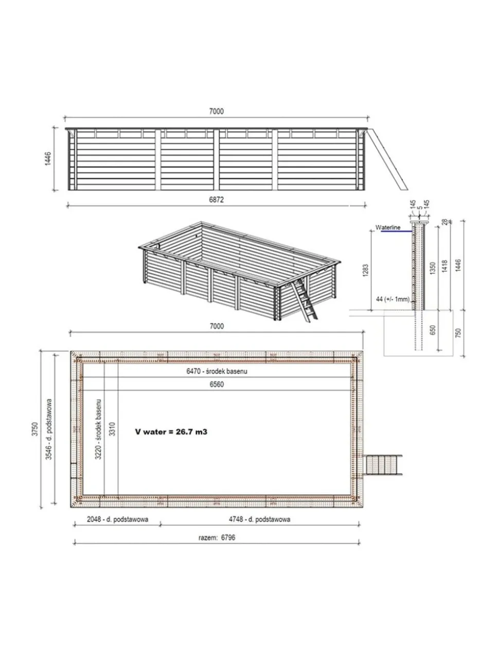 ALTANKA - Piscine en bois aqua 7x3,75 - h.1,45 m fixations à visser - bas7308ospl - altanka