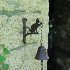 CHEMIN DE CAMPAGNE - Cloche de jardin de porte ancienne chat en fonte marron 16 x 23 cm