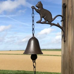 CHEMIN DE CAMPAGNE - Cloche de jardin de porte ancienne chat en fonte marron 16 x 23 cm