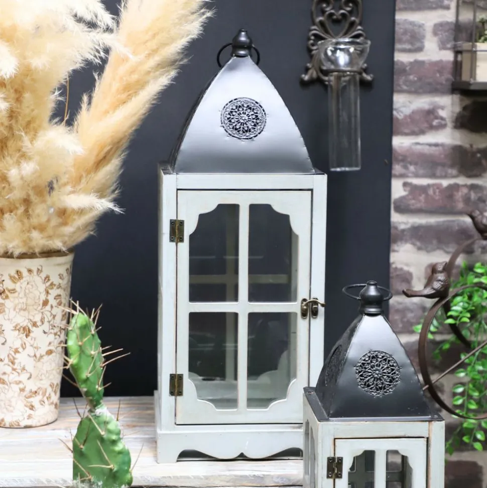 CHEMIN DE CAMPAGNE - Lanternes jardin extérieur à poser bougie ancienne bois blanc 58-39cm