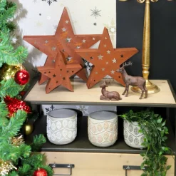 CHEMIN DE CAMPAGNE - Set de 3 bougeoirs étoiles en métal rouillé ø20-30-40 cm