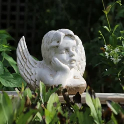 CHEMIN DE CAMPAGNE - Statue statuette sculpture jardin ange chérubin ciment ivoire 18cm
