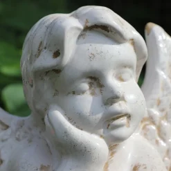 CHEMIN DE CAMPAGNE - Statue statuette sculpture jardin ange chérubin ciment ivoire 18cm