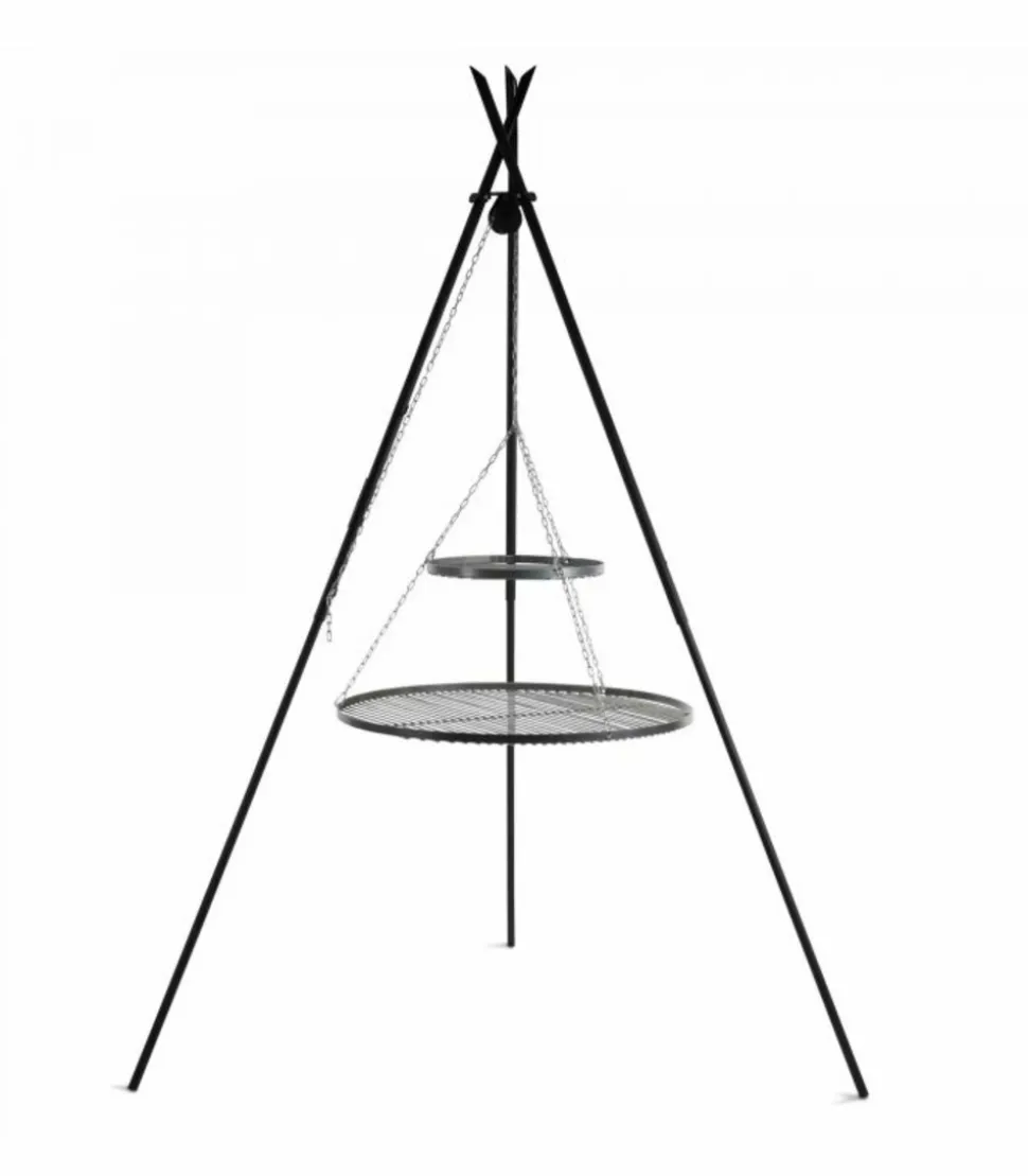COOK - Barbecue 2 grilles de cuisson suspendu « tipi » sur trépied 210 cm – en acier 80 cm et 40 cm