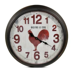 DÉCORATION D'AUTREFOIS - Grande horloge ancienne murale bistro le coq métal rouge-bordeaux - décoration d'autrefois
