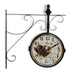 DÉCORATION D'AUTREFOIS - Horloge de gare ancienne double face family coq forge fer forgé blanc - décoration d'autrefois