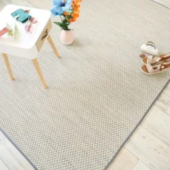 DÉCOWEB - Tapis extérieur ou intérieur en tissé plat - sumatra silver multicolore - galon gris ardoise - 160 x 230 cm
