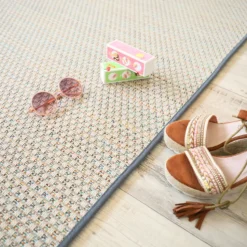 DÉCOWEB - Tapis extérieur ou intérieur en tissé plat - sumatra silver multicolore - galon gris ardoise - 80 x 150 cm