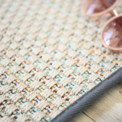 DÉCOWEB - Tapis extérieur ou intérieur en tissé plat - sumatra silver multicolore - galon gris ardoise - 80 x 150 cm