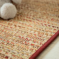 DÉCOWEB - Tapis intérieur / extérieur en tissé plat - bornéo nature multicolore - galon bordeaux - 200 x 200 cm