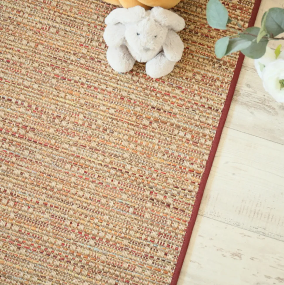 DÉCOWEB - Tapis intérieur / extérieur en tissé plat - bornéo nature multicolore - galon bordeaux - 250 x 350 cm