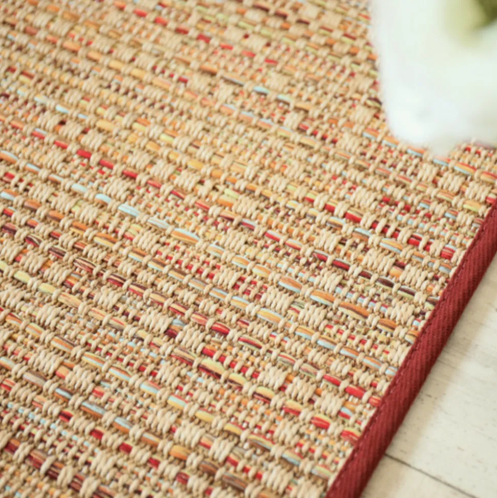 DÉCOWEB - Tapis intérieur / extérieur en tissé plat - bornéo nature multicolore - galon bordeaux - 250 x 350 cm