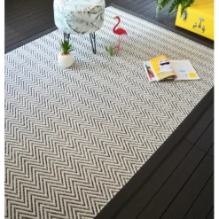 DÉCOWEB - Tapis intérieur / extérieur tissé plat - java chevron blanc - ganse noire - 250 x 350 cm