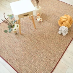 DÉCOWEB - Tapis intérieur / extérieur en tissé plat - bornéo nature multicolore - galon bordeaux - 160 x 230 cm