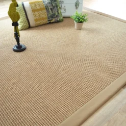 DÉCOWEB - Tapis intérieur / extérieur en tissé plat - lombok naturel - ganse caramel - 140 x 200 cm