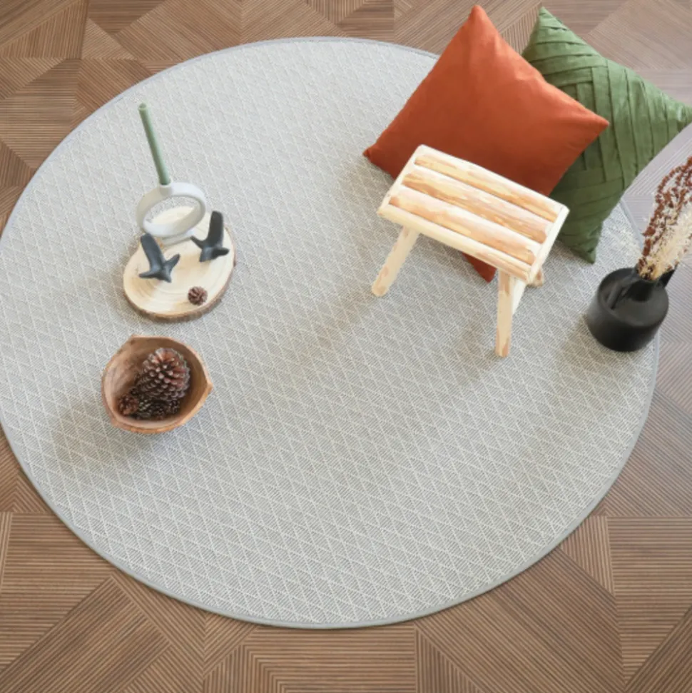 DÉCOWEB - Tapis rond intérieur / extérieur - timika blanc craie - galon gris - ø 120 cm