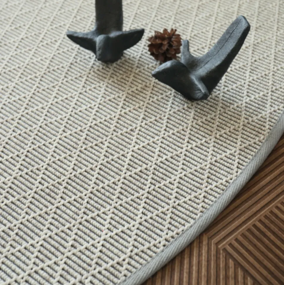 DÉCOWEB - Tapis rond intérieur / extérieur - timika blanc craie - galon gris - ø 120 cm