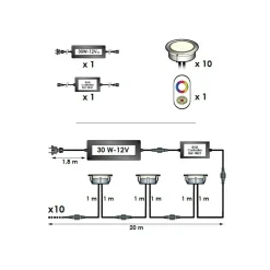 DECKLINEA - 10 spots led à encastrer - rgb - telecommande + transformateur 30w - sofia - plug & play - dimmable