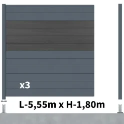 DECKLINEA - Kit clôture aluminium bahia & cruz ardoise 5,5x1,8m - aluminium et bois composite - poteaux sur platines gris - occultation