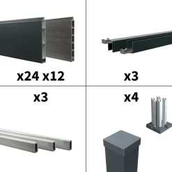 DECKLINEA - Kit clôture aluminium bahia & cruz ardoise 5,5x1,8m - aluminium et bois composite - poteaux sur platines gris - occultation