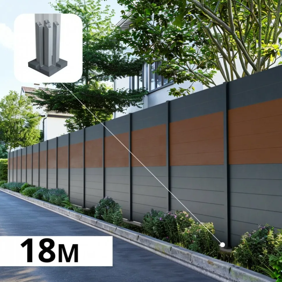 DECKLINEA - Kit clôture aluminium bahia & cruz teck 18,33x1,8m - aluminium et bois composite - poteaux sur platines gris - occultation