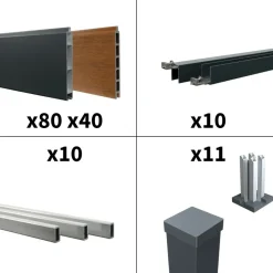 DECKLINEA - Kit clôture aluminium bahia & cruz teck 18,33x1,8m - aluminium et bois composite - poteaux sur platines gris - occultation