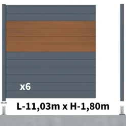 DECKLINEA - Kit clôture aluminium bahia & cruz teck 11,03x1,8m - aluminium et bois composite - poteaux sur platines gris - occultation