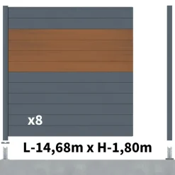 DECKLINEA - Kit clôture aluminium bahia & cruz teck 14,68x1,8m - aluminium et bois composite - poteaux sur platines gris - occultation