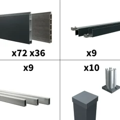 DECKLINEA - Kit clôture aluminium bahia & cruz ardoise 16,5x1,8m - aluminium et bois composite - poteaux sur platines gris - occultation