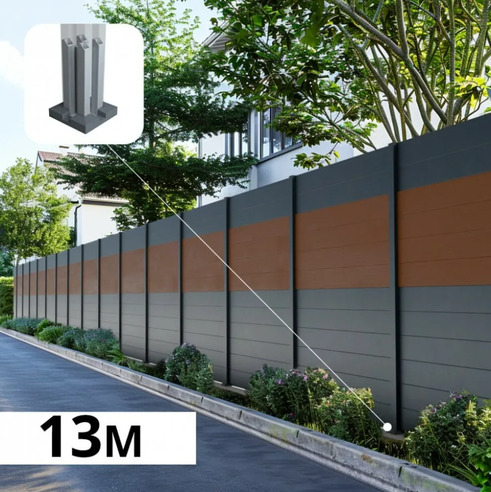 DECKLINEA - Kit clôture aluminium bahia & cruz teck 12,85x1,8m - aluminium et bois composite - poteaux sur platines gris - occultation
