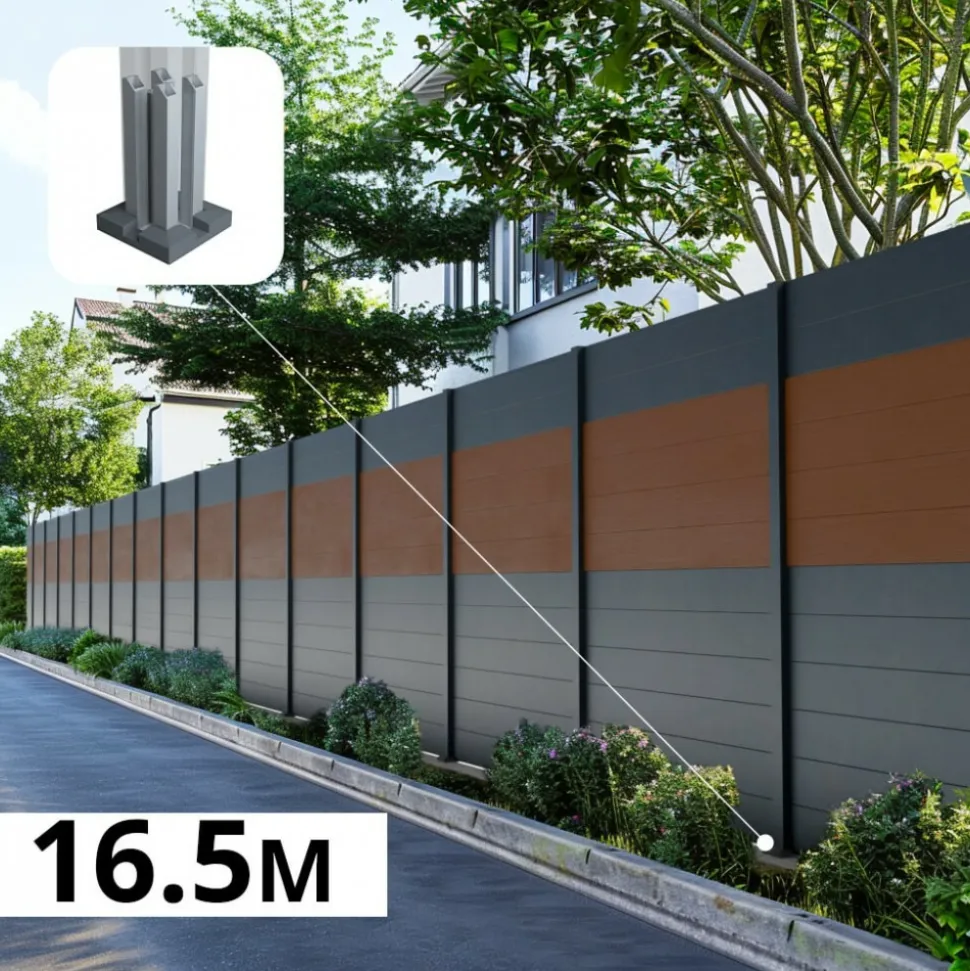 DECKLINEA - Kit clôture aluminium bahia & cruz teck 16,5x1,8m - aluminium et bois composite - poteaux sur platines gris - occultation