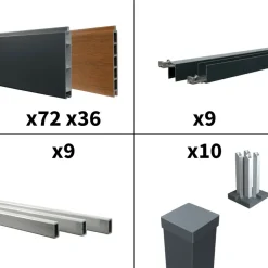 DECKLINEA - Kit clôture aluminium bahia & cruz teck 16,5x1,8m - aluminium et bois composite - poteaux sur platines gris - occultation