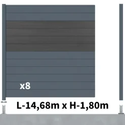 DECKLINEA - Kit clôture aluminium bahia & cruz ardoise 14,68x1,8m - aluminium et bois composite - poteaux sur platines gris - occultation