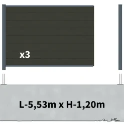 DECKLINEA - Kit clôture composite sur muret rio anthracite 5,5x1,8m - bois composite & aluminium - poteaux sur platines gris - brise vue