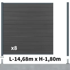DECKLINEA - Kit clôture composite cruz ardoise 14,5x1,8m - bois composite & aluminium - poteaux sur platines gris - brise vue - palissade