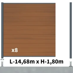 DECKLINEA - Kit clôture composite cruz teck 14,5x1,8m - bois composite & aluminium - poteaux sur platines gris - brise vue - palissade