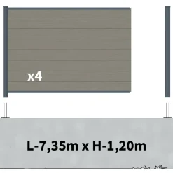 DECKLINEA - Kit clôture composite sur muret rio platine 7,5x1,8m - bois composite & aluminium - poteaux sur platines gris - brise vue