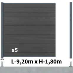 DECKLINEA - Kit clôture composite cruz ardoise 9x1,8m - bois composite & aluminium - poteaux sur platines gris - brise vue - palissade