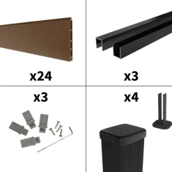 DECKLINEA - Kit clôture composite sur muret rio bronze 5,5x1,8m - bois composite & aluminium - poteaux sur platines noir - brise vue