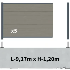 DECKLINEA - Kit clôture composite sur muret rio platine 9x1,8m - bois composite & aluminium - poteaux sur platines gris - brise vue