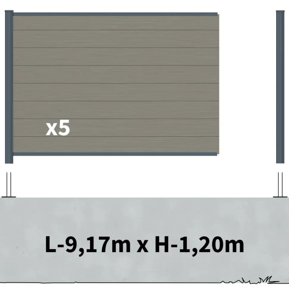 DECKLINEA - Kit clôture composite sur muret rio platine 9x1,8m - bois composite & aluminium - poteaux sur platines gris - brise vue