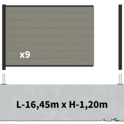 DECKLINEA - Kit clôture composite sur muret rio platine 16,5x1,8m - bois composite & aluminium - poteaux sur platines noir - brise vue