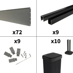 DECKLINEA - Kit clôture composite sur muret rio platine 16,5x1,8m - bois composite & aluminium - poteaux sur platines noir - brise vue