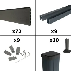 DECKLINEA - Kit clôture composite sur muret rio anthracite 16,5x1,8m - bois composite & aluminium - poteaux sur platines gris - brise vue