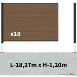 DECKLINEA - Kit clôture composite sur muret rio bronze 18x1,8m - bois composite & aluminium - poteaux sur platines noir - brise vue