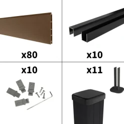 DECKLINEA - Kit clôture composite sur muret rio bronze 18x1,8m - bois composite & aluminium - poteaux sur platines noir - brise vue