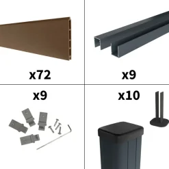 DECKLINEA - Kit clôture composite sur muret rio bronze 16,5x1,8m - bois composite & aluminium - poteaux sur platines gris - brise vue