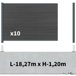DECKLINEA - Kit clôture composite sur muret santos ardoise 18x1,8m - bois composite & aluminium - poteaux sur platines gris - brise vue