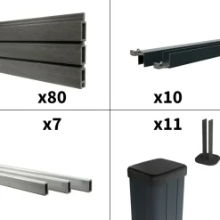 DECKLINEA - Kit clôture composite sur muret santos ardoise 18x1,8m - bois composite & aluminium - poteaux sur platines gris - brise vue