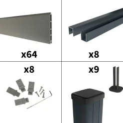 DECKLINEA - Kit clôture composite sur muret rio platine 14,5x1,8m - bois composite & aluminium - poteaux sur platines gris - brise vue
